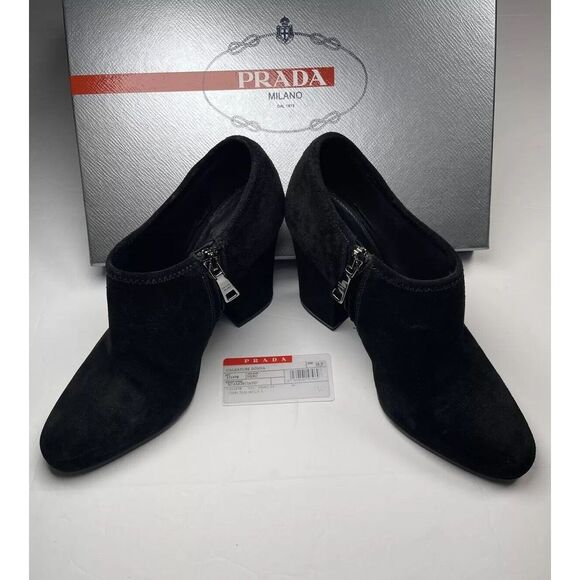 Women's Prada Suede Sz 5 Ankle Zip Booties Block Heel Black With Box & Shoe Bag - Picture 3 of 13